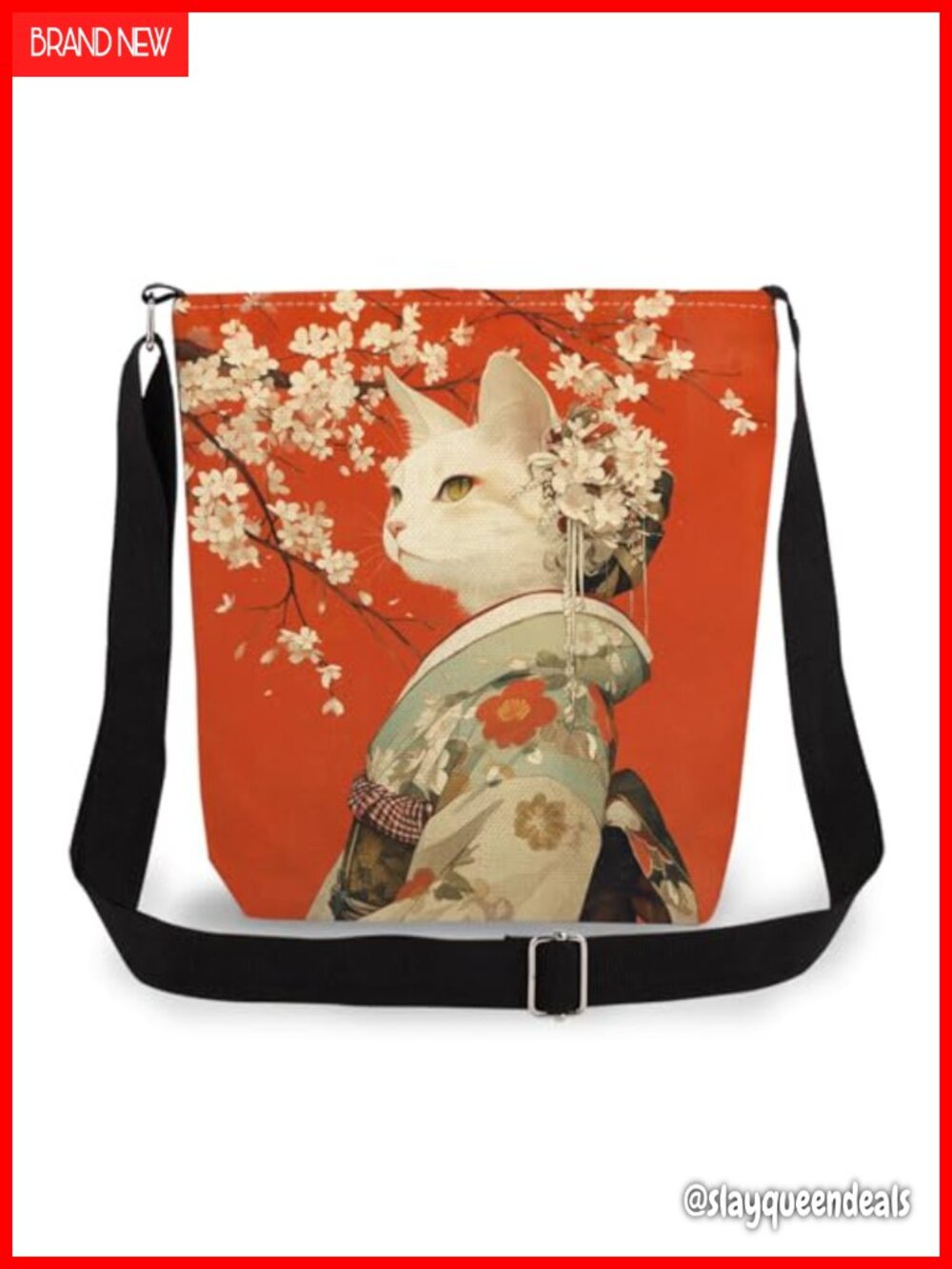 Cat Print Double-Sided Canvas Crossbody Messenger Bag Adjustable Strap